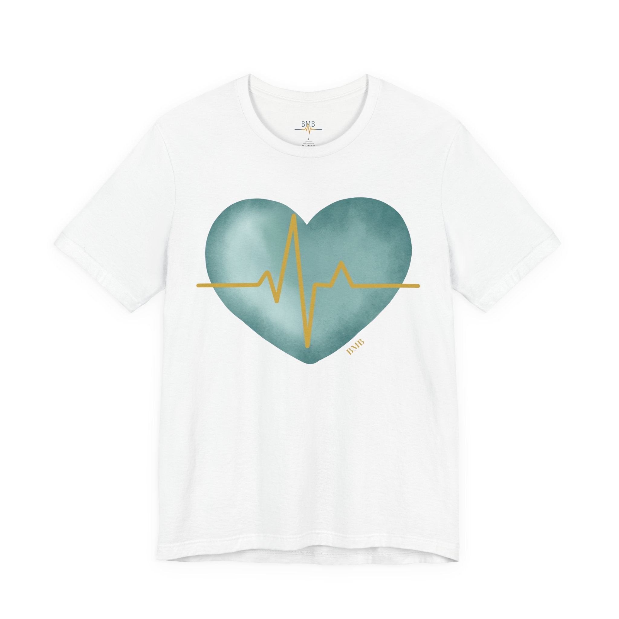 White Heartbeat Heart Tee flat lay with teal watercolor heart and gold EKG line — medical gift shirt