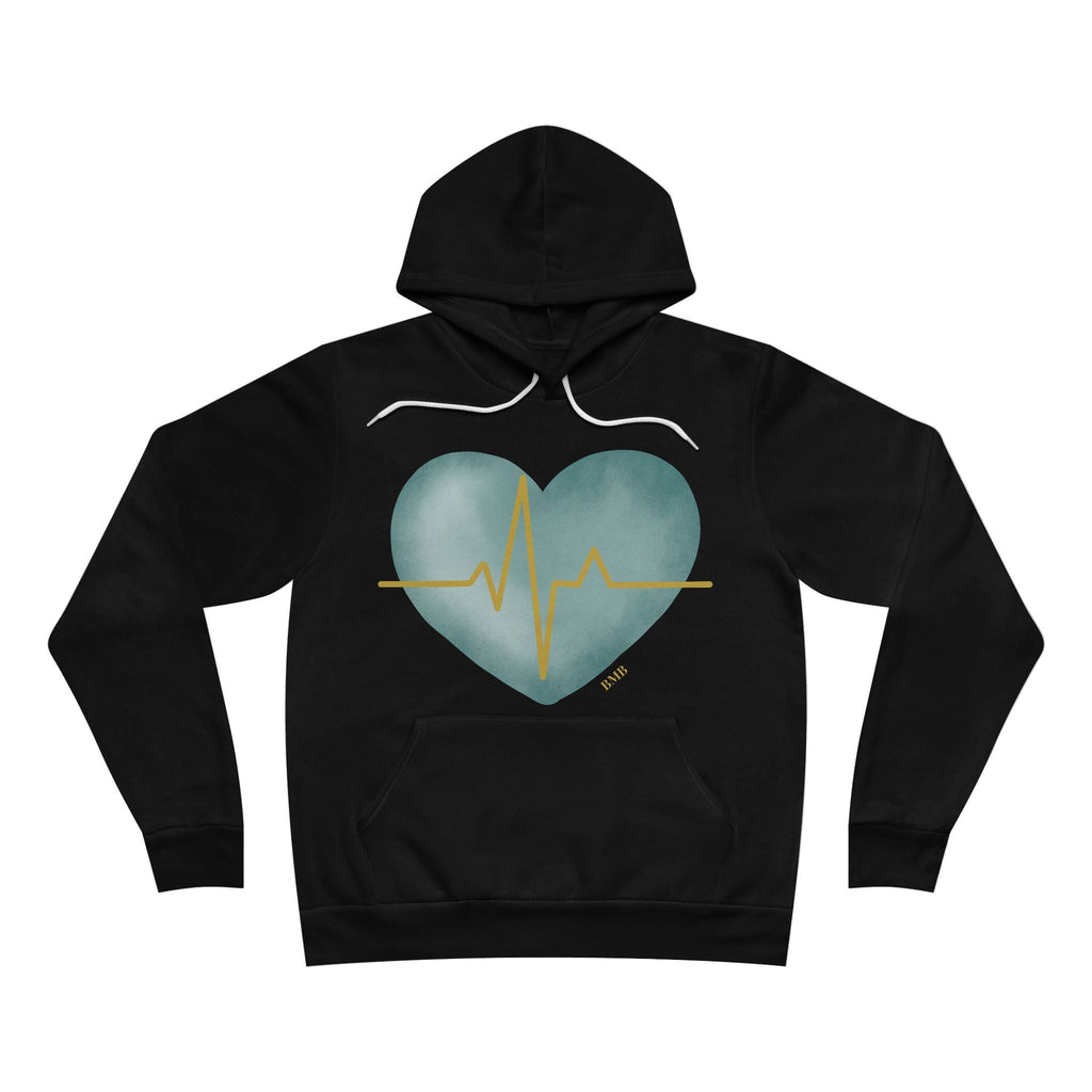 Heartbeat Heart Hoodie — Nurse Gift, Teal Watercolor Heart with Gold EKG Line