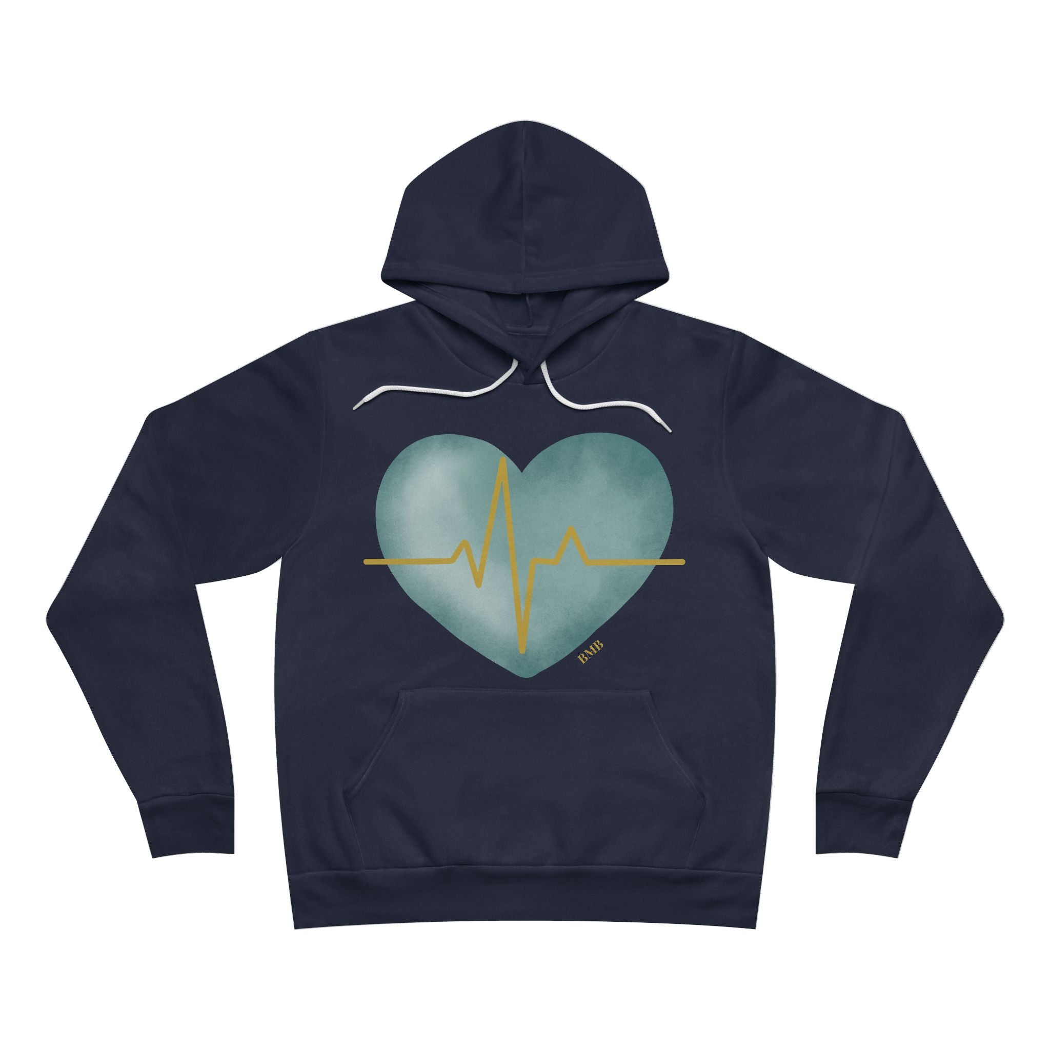 Heartbeat Heart Hoodie — Nurse Gift, Teal Watercolor Heart with Gold EKG Line