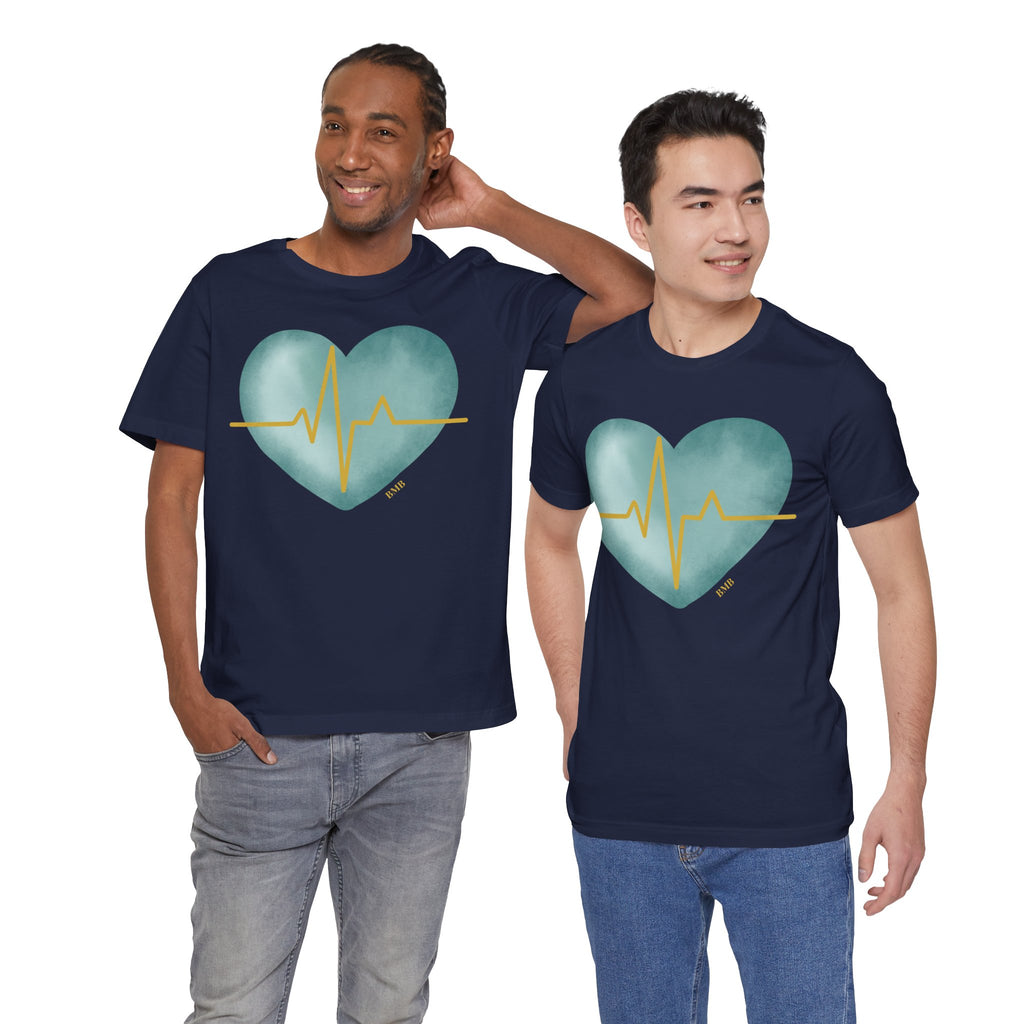 Men wearing navy Heartbeat Heart Tee with teal heart and gold EKG design — unisex nurse gift shirt