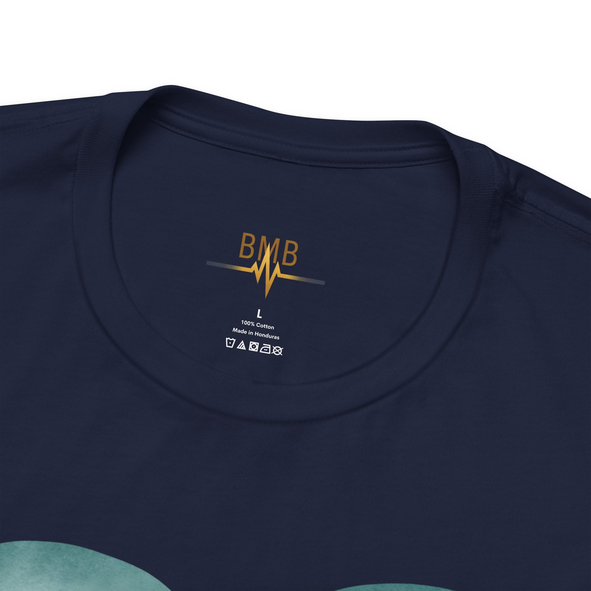 Navy Heartbeat Heart Tee neck label with gold BMB monogram and EKG line — Beezy's Medical Boutique nurse gift shirt