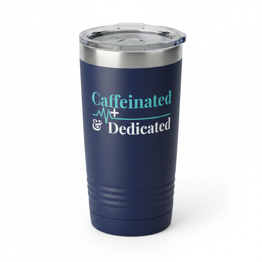 Caffeinated & Dedicated 20oz Insulated Tumbler — Coffee Lover Travel Cup