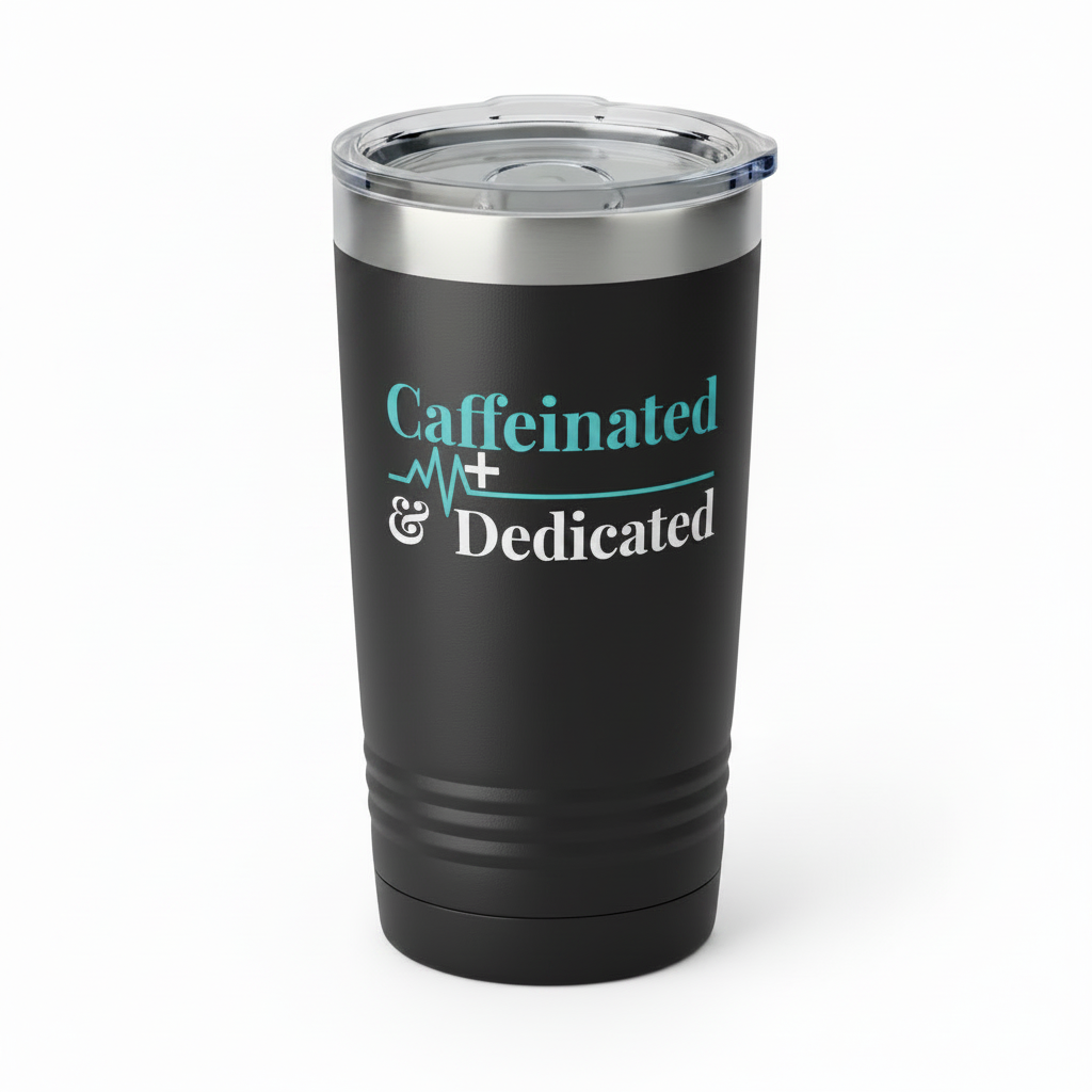 Caffeinated & Dedicated 20oz Insulated Tumbler — Coffee Lover Travel Cup