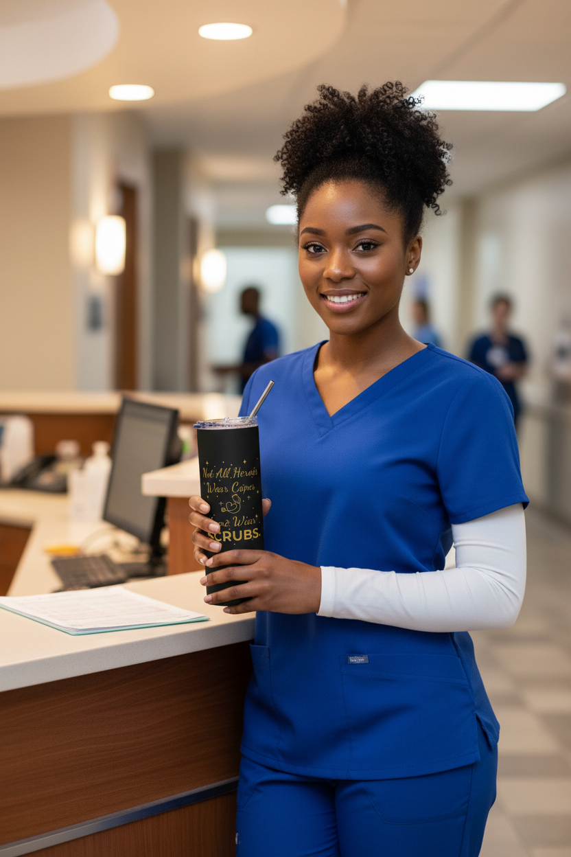 Black 20oz Stainless Tumbler - "Not All Heroes Wear Capes, Some Wear Scrubs" | Gift for Nurses & Healthcare Workers
