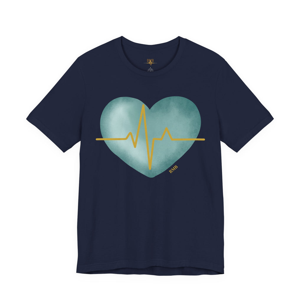 Navy blue Heartbeat Heart Tee with teal watercolor heart and gold EKG line design — nurses week gift