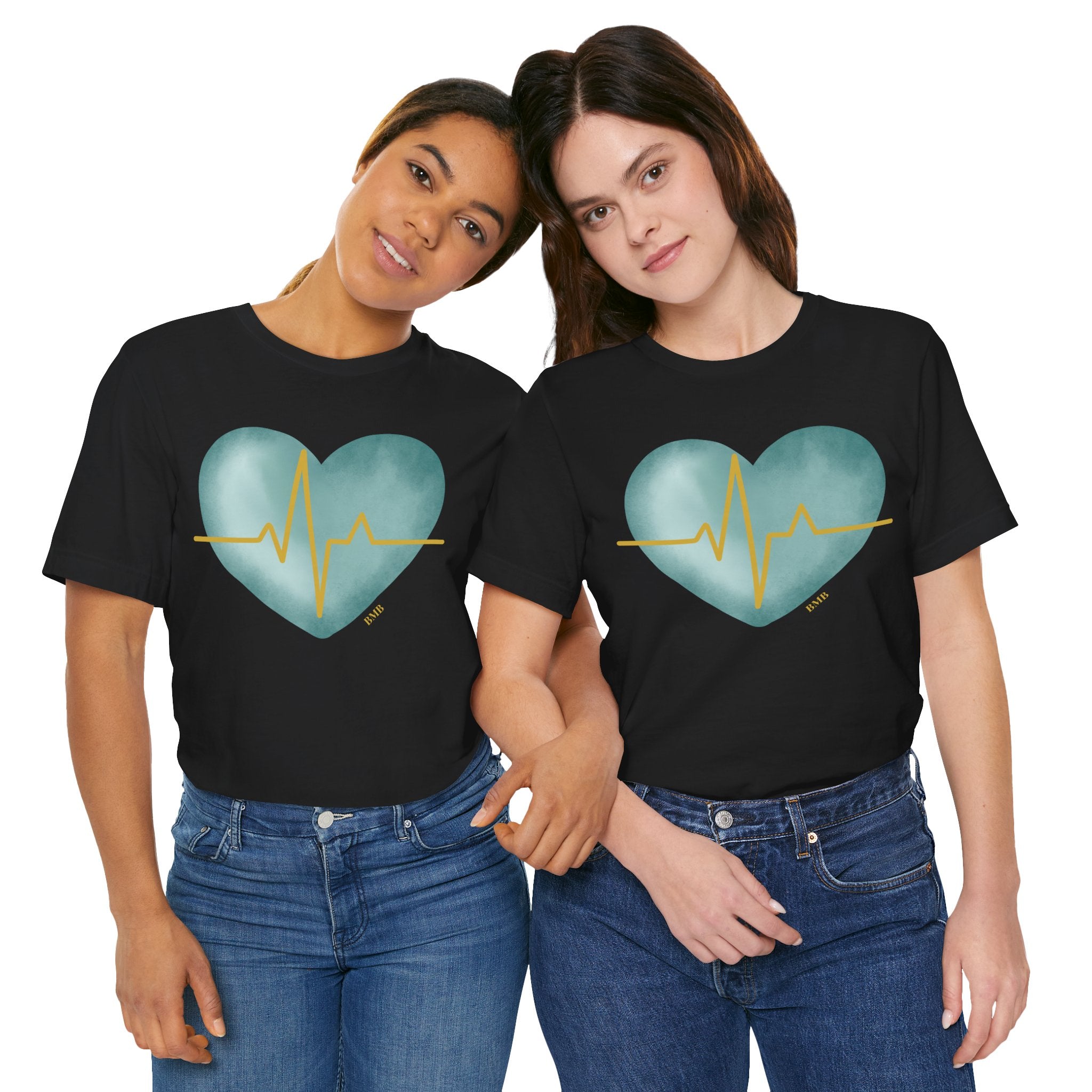 Women wearing matching Heartbeat Heart Tees in black — nurse appreciation gift shirts