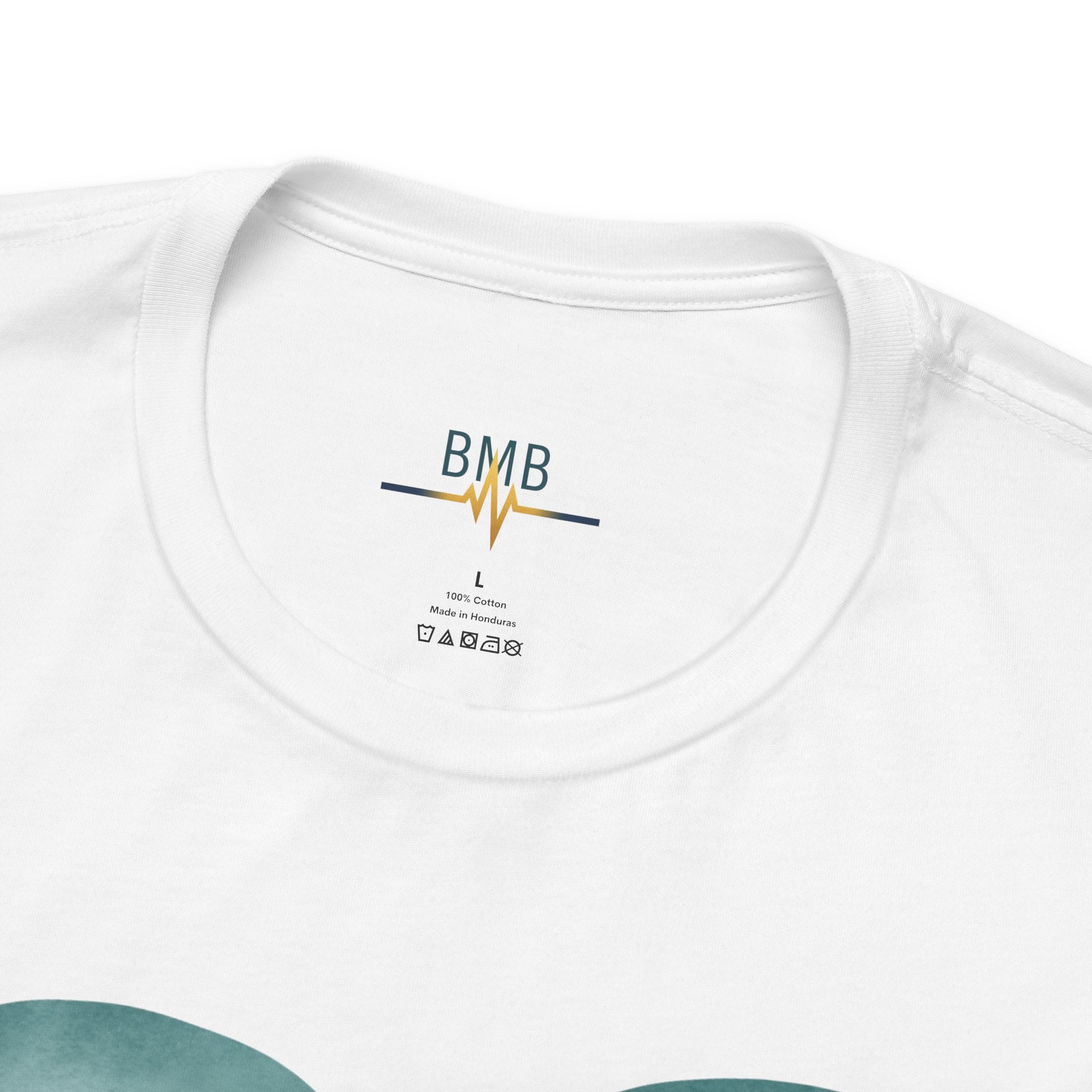 White Heartbeat Heart Tee neck label with gold BMB monogram and EKG line — Beezy's Medical Boutique nurse gift shirt