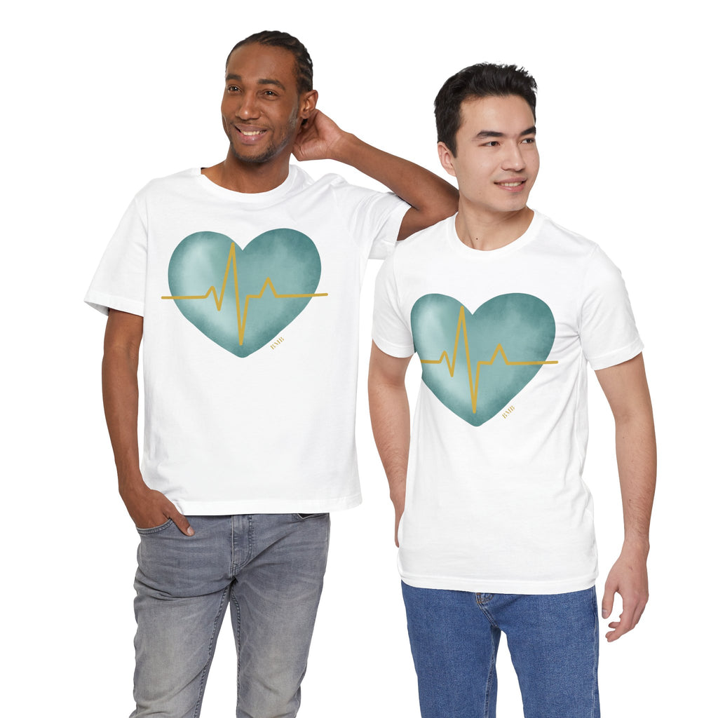 Men wearing white Heartbeat Heart Tee with teal heart and gold EKG design — unisex nurse gift shirt