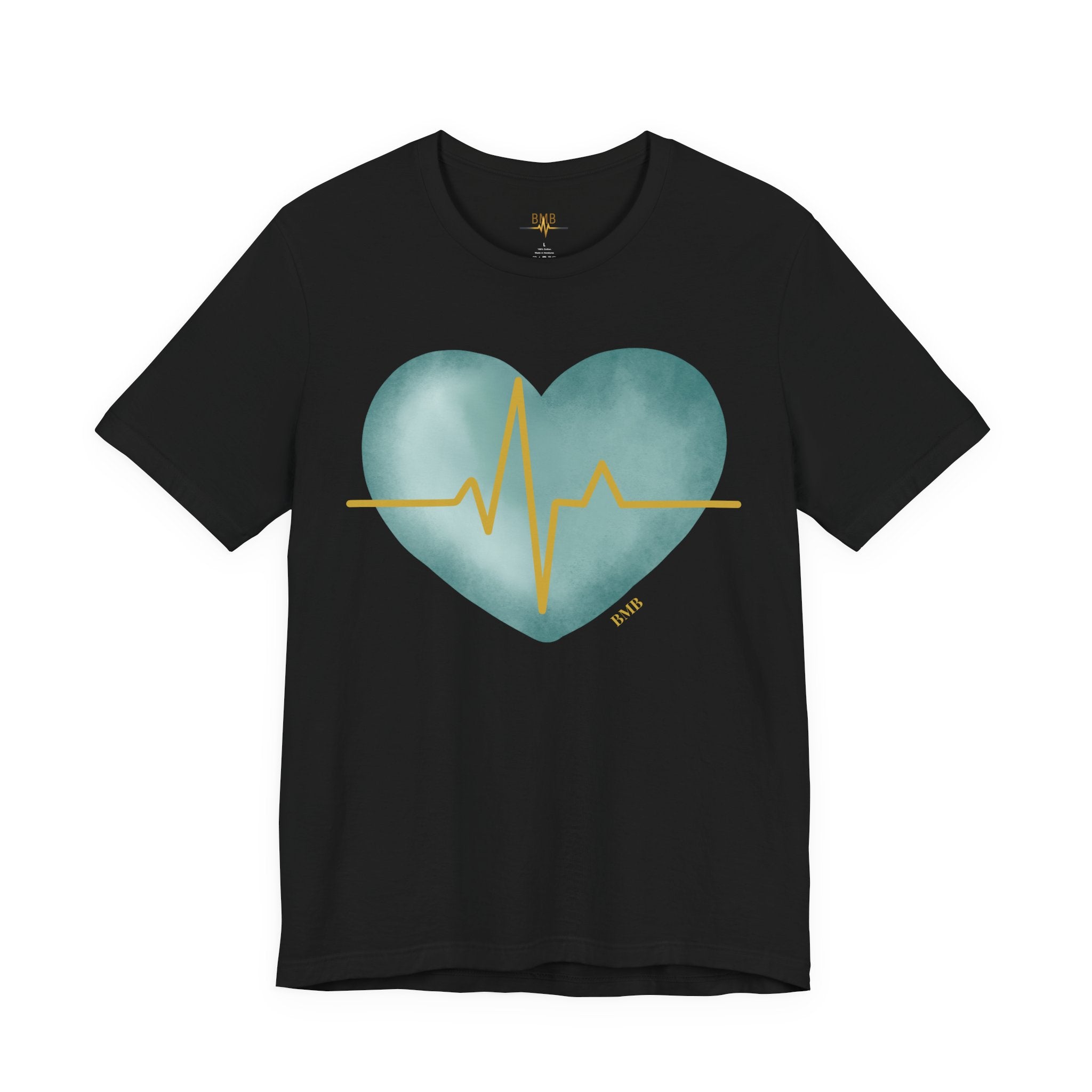 Black Heartbeat Heart Tee flat lay with teal watercolor heart and gold EKG line — medical gift shirt