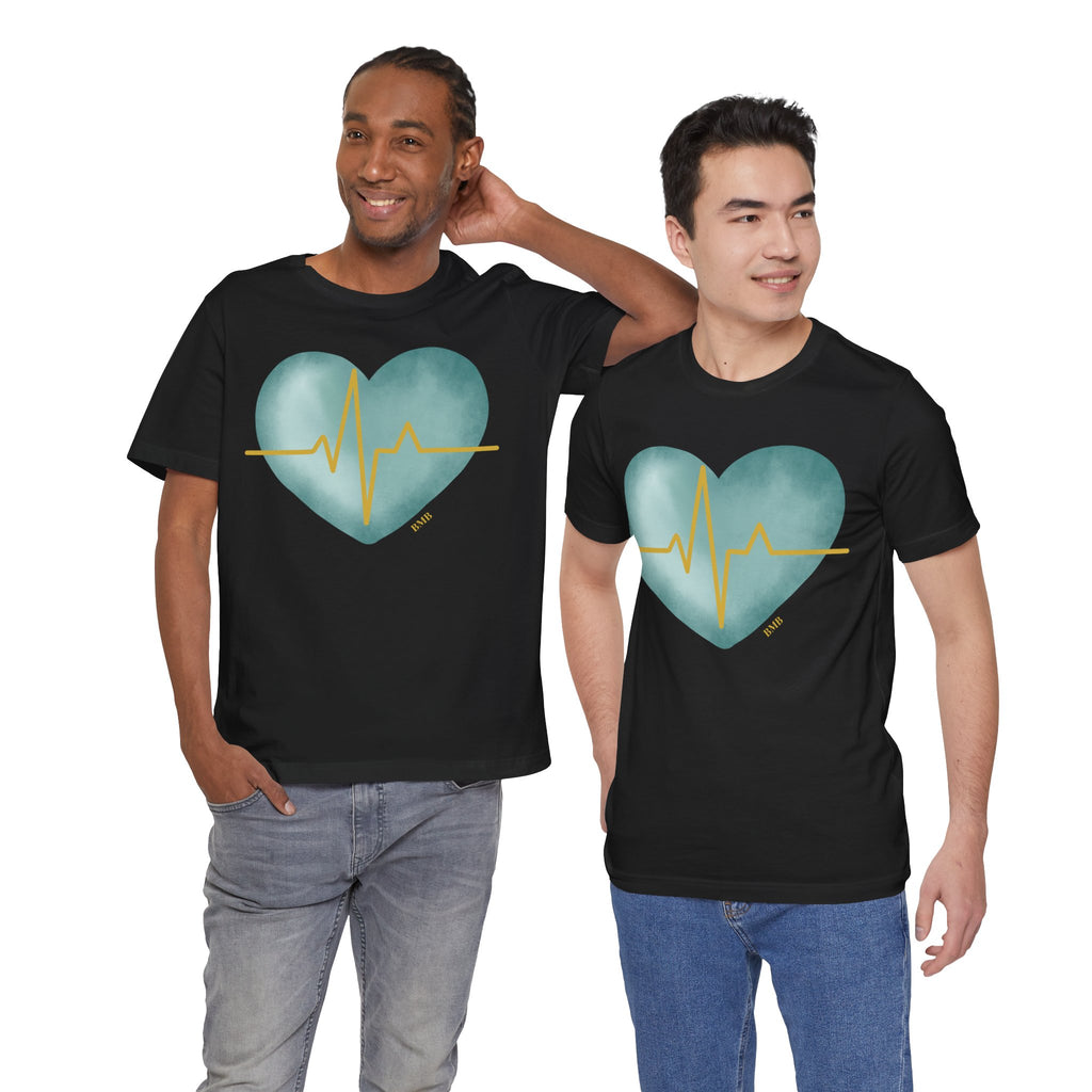 Men wearing black Heartbeat Heart Tee with teal heart and gold EKG design — unisex nurse gift shirt