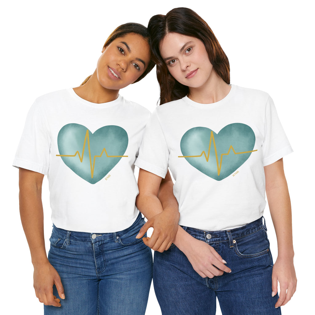 Women wearing matching Heartbeat Heart Tees in white — nurse appreciation gift shirts