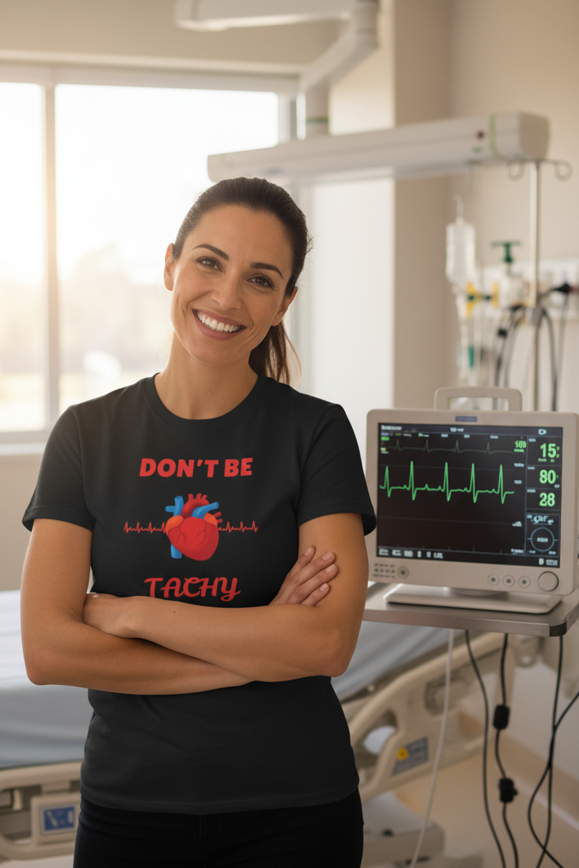 Female Doctor wearing Don't Be Tachy T-Shirt Don't Be Tachy, cardiology nurse, funny EKG shirt, heartbeat tee, nurse doctor gift